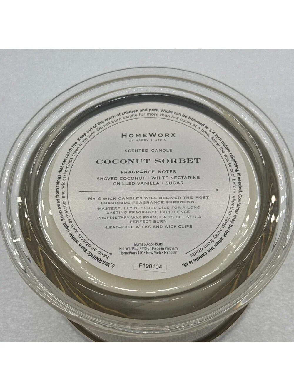 HomeWorx by Harry Slatkin Vanilla Coconut Sorbet 4-Wick Candle 18 oz NEW